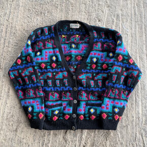 American Vintage Other - VINTAGE L.L. BEAN CARDIGAN SWEATER ARGYLE GEOMETRIC ABSTRACT KNIT LARGE 80S 90S